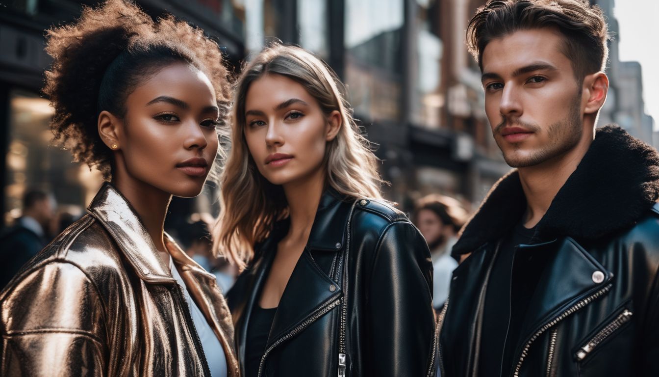A diverse group of people wearing fashionable vegan leather jackets walking in an urban cityscape.