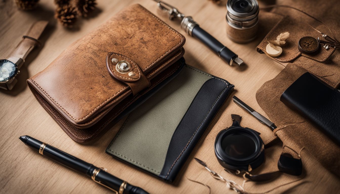 A close-up photo of a cork leather wallet surrounded by various accessories and natural elements.