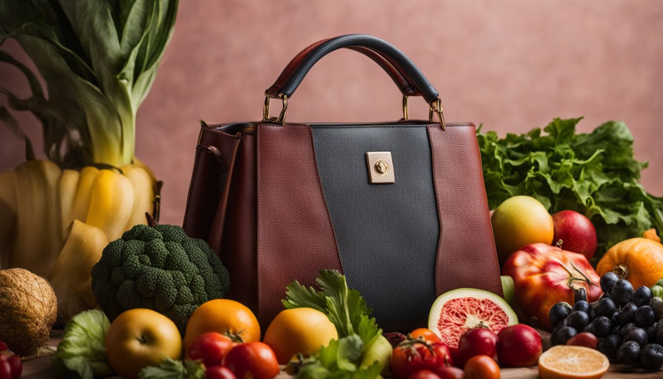 A close-up shot of a trendy vegan leather handbag surrounded by colorful fruits and vegetables.