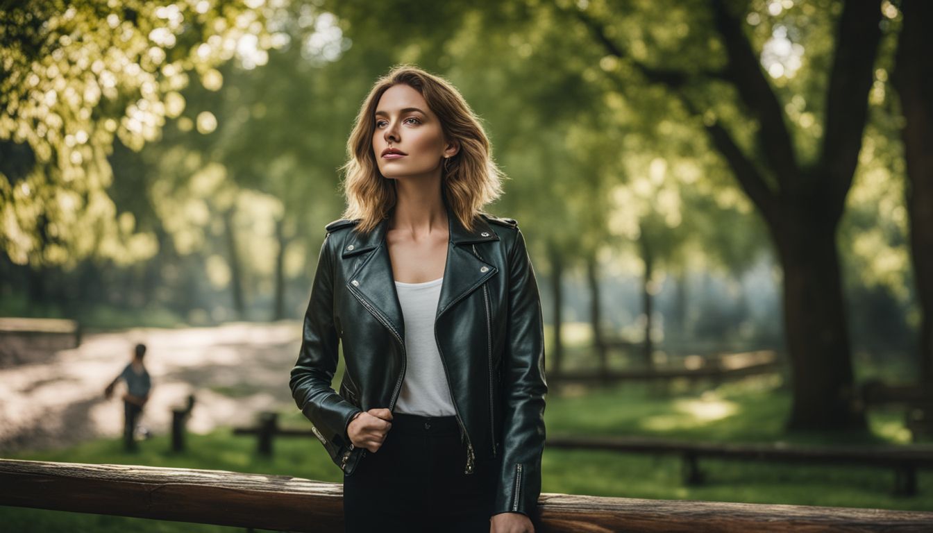 A Caucasian woman wearing a sustainable vegan leather jacket in a green park surrounded by diverse people and nature.