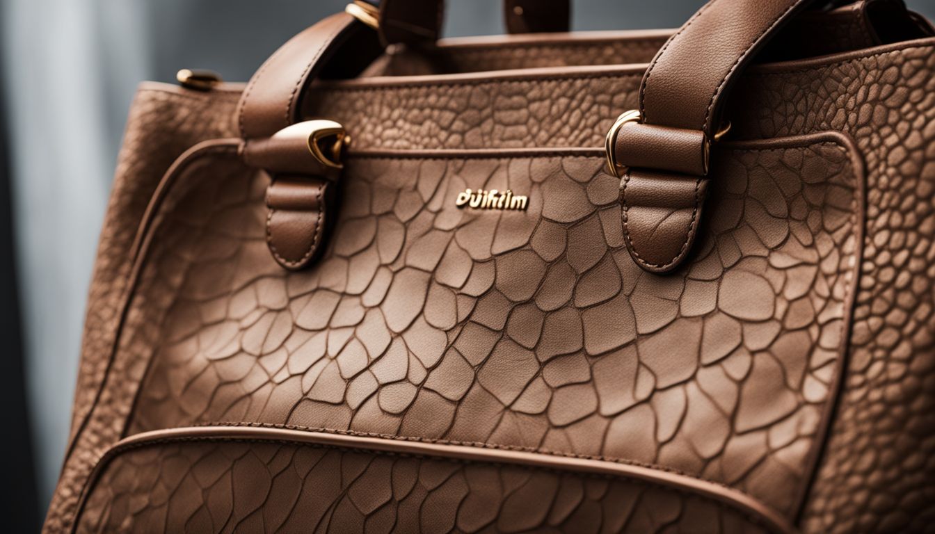 A close-up photo of a fashionable handbag made of mushroom leather, showcasing its eco-friendly qualities and stylish design.