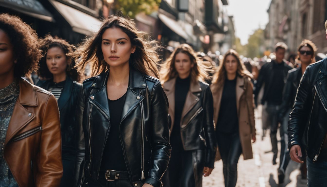 Photo of diverse group wearing vegan leather jackets walking in sustainable fashion show with different styles and outfits.