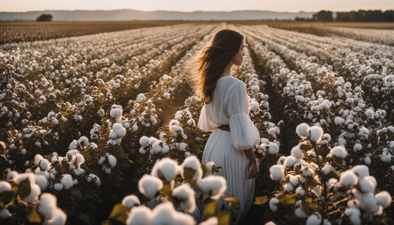 A photo of a diverse group of people working in an organic cotton field.