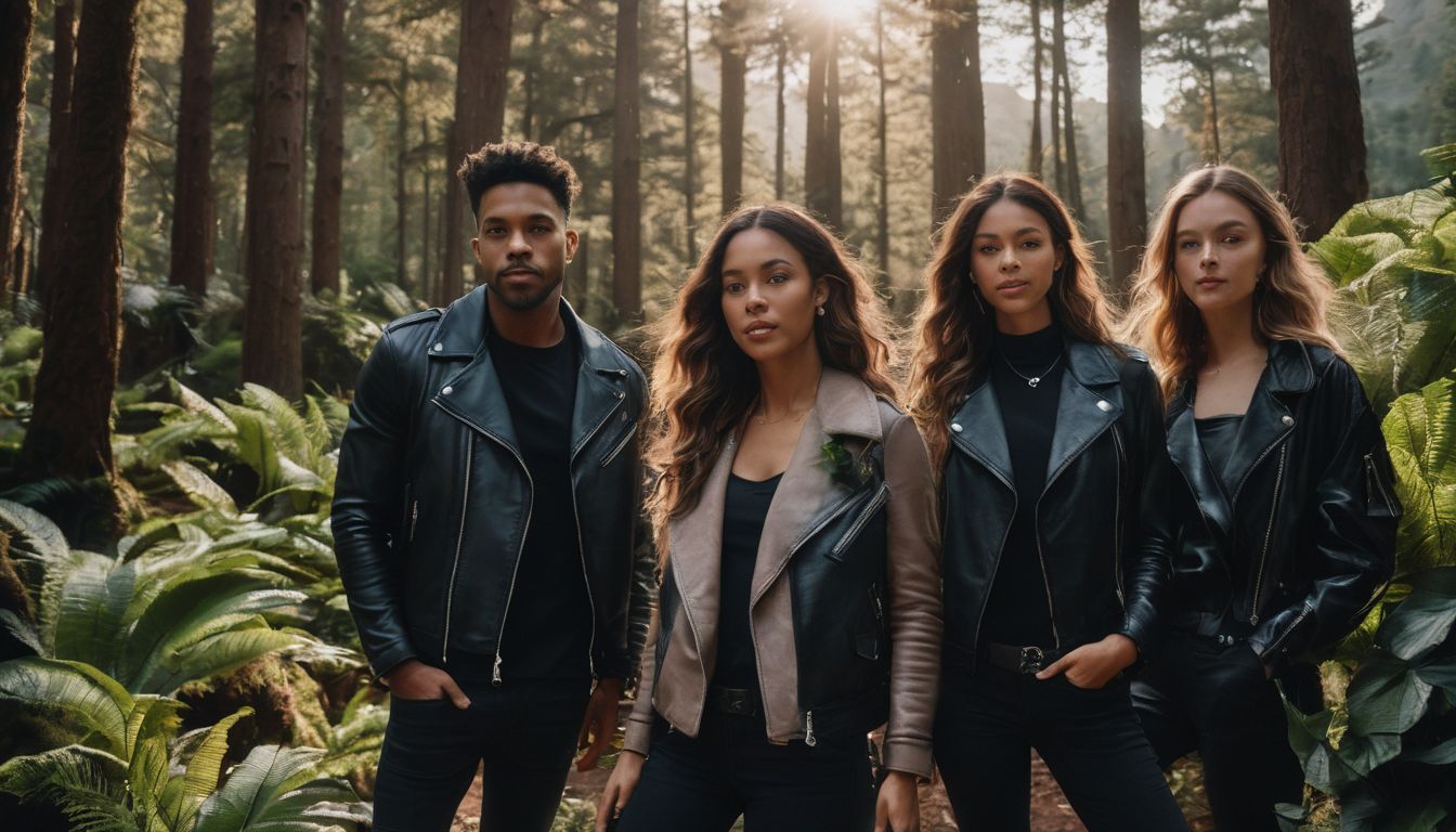 A diverse group of people wearing vegan leather jackets pose in a natural setting surrounded by trees and plants.