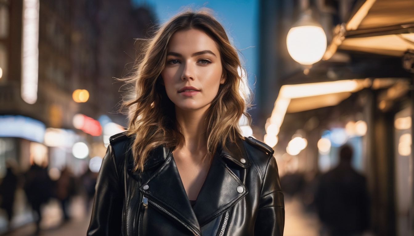 A fashionable woman in a leather jacket stands in a busy city street with various styles and outfits.