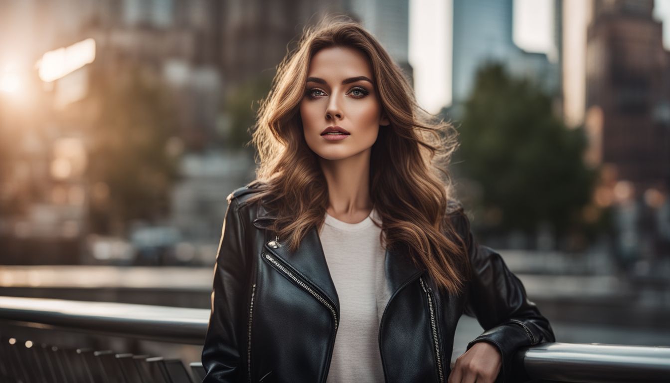 A stylish woman wearing a vegan leather jacket poses in an urban setting, showcasing different faces, hair styles, and outfits.