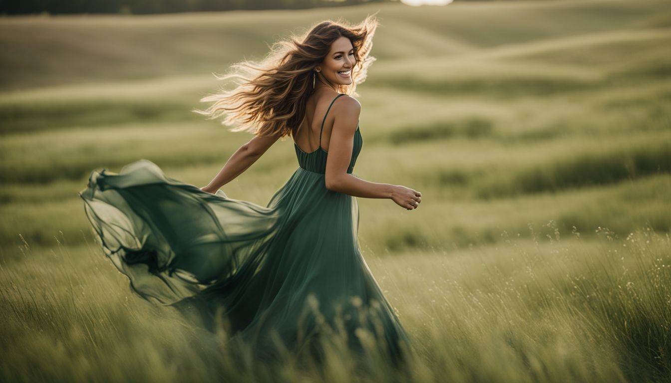A woman twirling in a green field wearing various outfits and hairstyles, captured in a well-lit and vibrant nature setting.