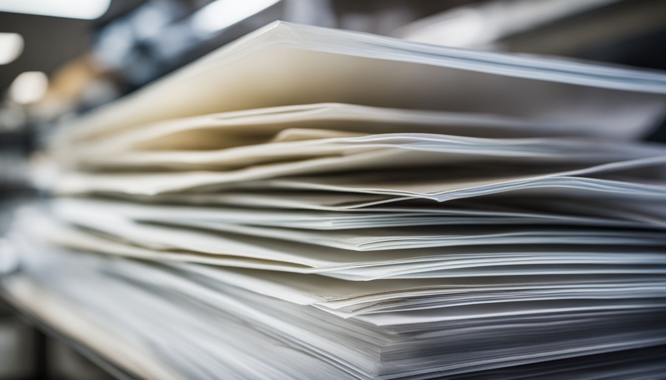 A stack of acetate sheets in a laboratory with diverse people, busy atmosphere, and high-quality photography.