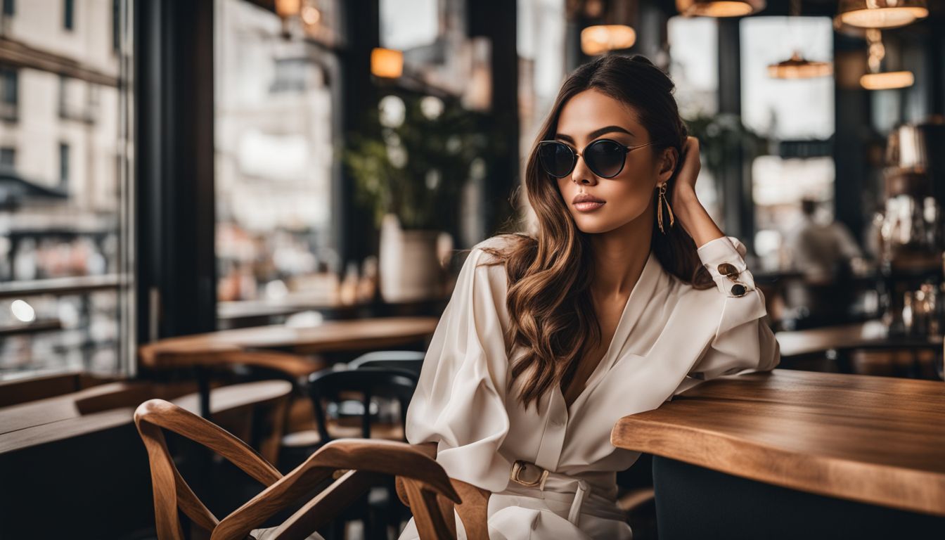A woman in trendy sunglasses sitting in a coffee shop surrounded by a diverse cityscape and captured in high-quality detail.