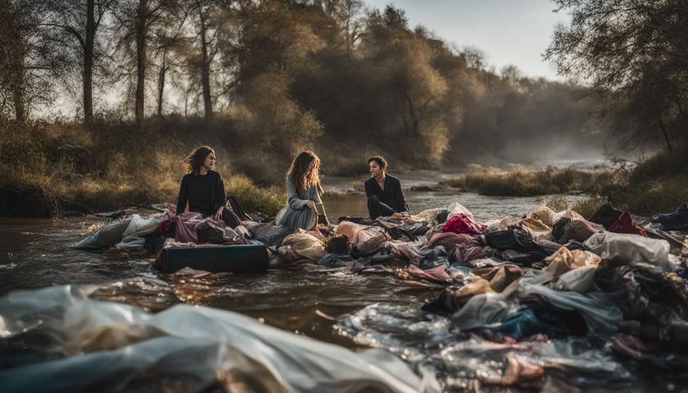 A pile of discarded acetate fabric scraps polluting a river, captured in a photo with various Caucasians and diverse fashion styles.