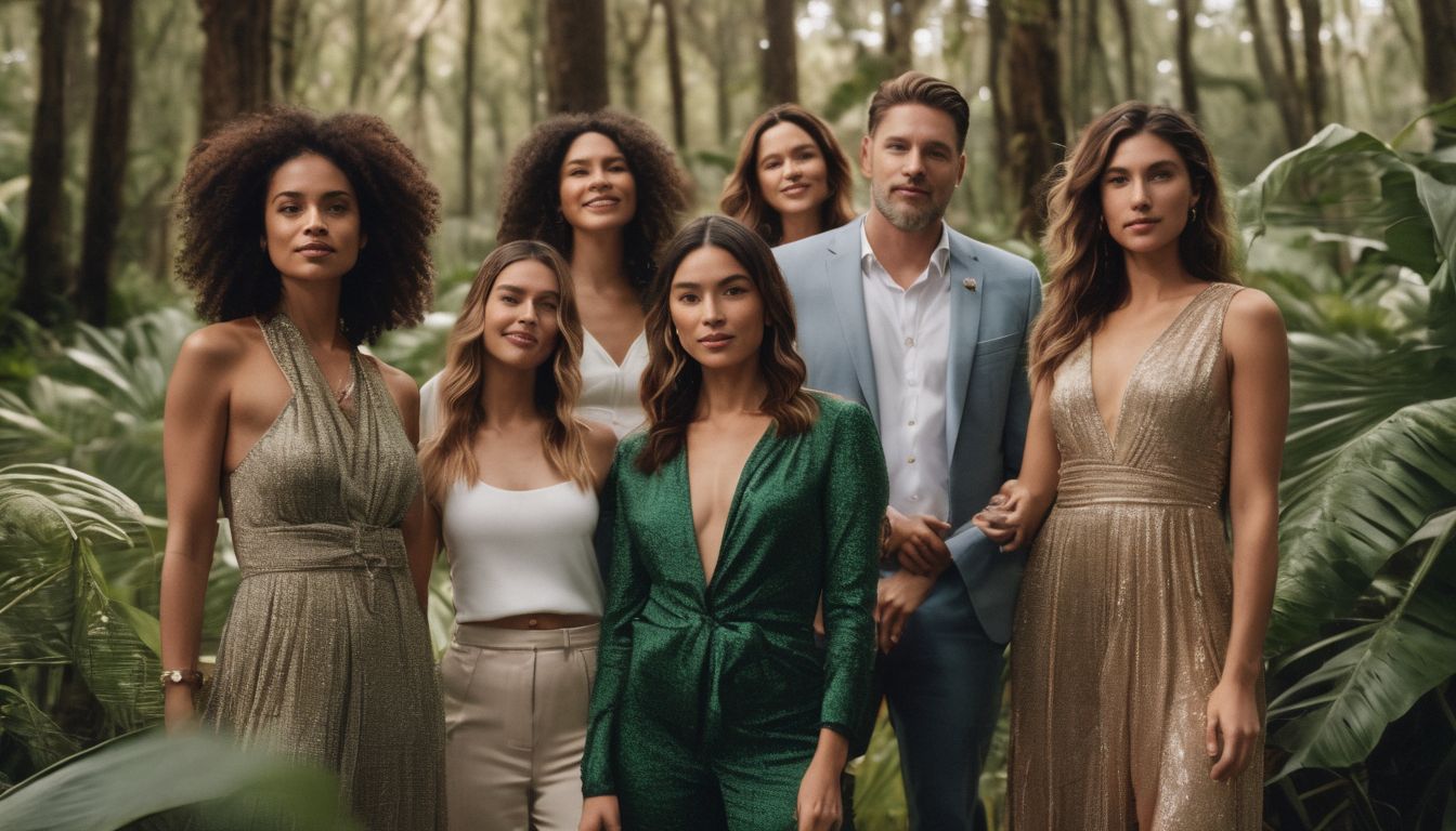 A diverse group of people wearing eco-friendly clothing surrounded by greenery in a bustling atmosphere.