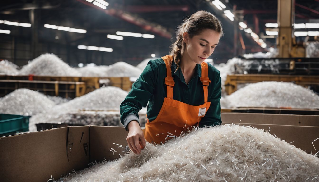 A Caucasian recycling worker is processing shredded acetate material in a busy recycling facility.
