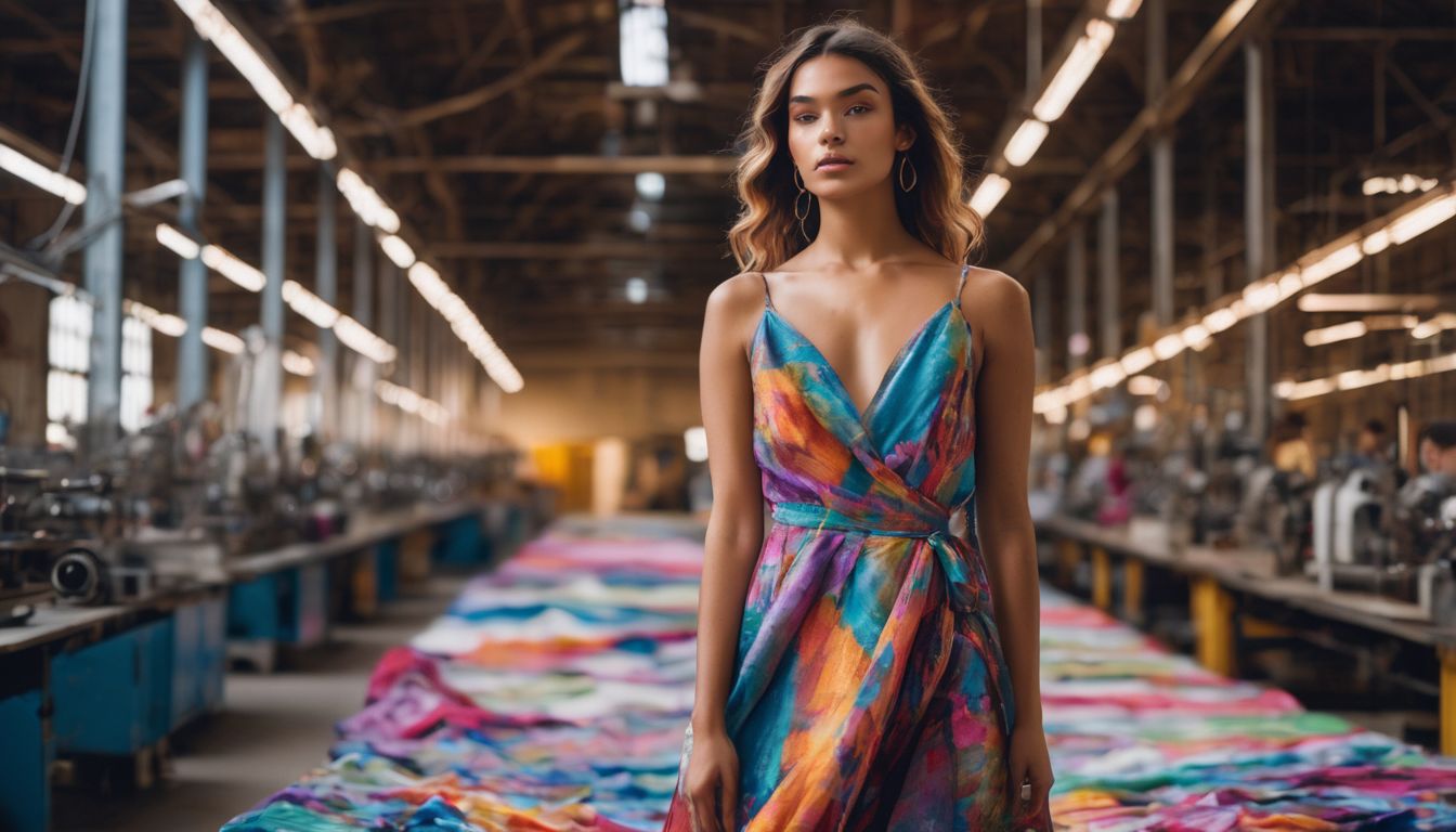 A fashion model in a vibrant textile factory wearing various outfits, photographed with a Fujifilm XT3 for high clarity.