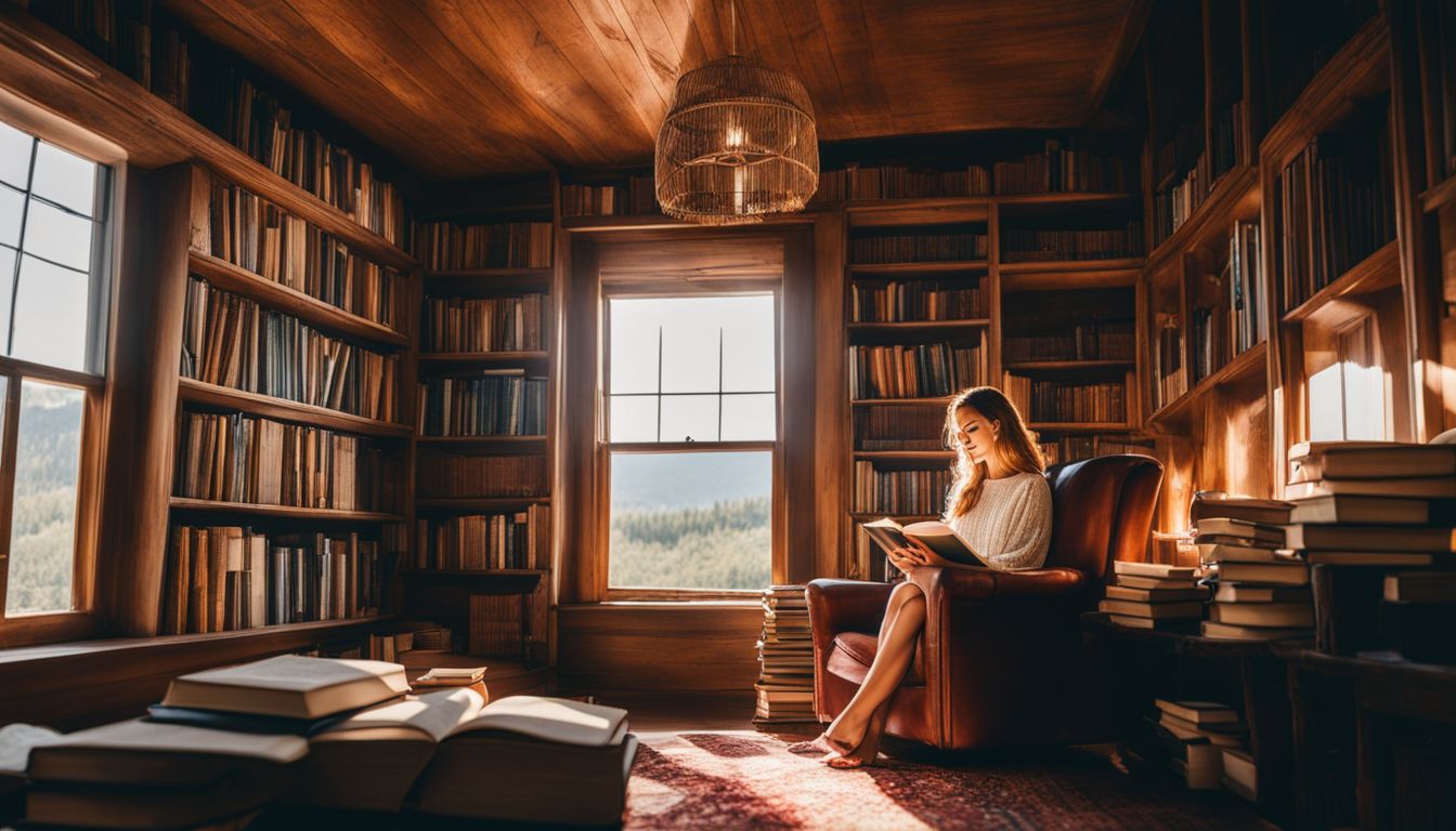 a person in a cozy nature-inspired home library surrounded by books.
