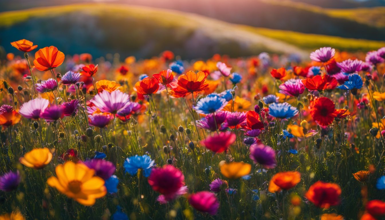 a vibrant field of blooming flowers with diverse people and styles.