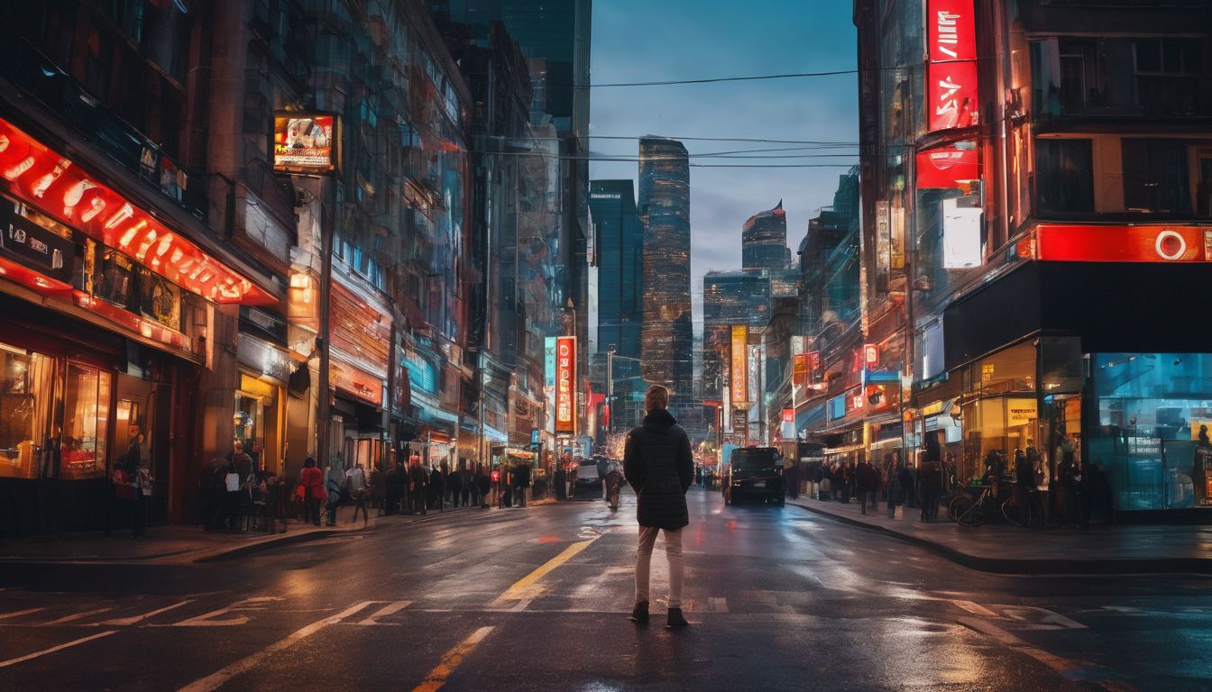 a person stands at a crossroads, surrounded by diverse city life.