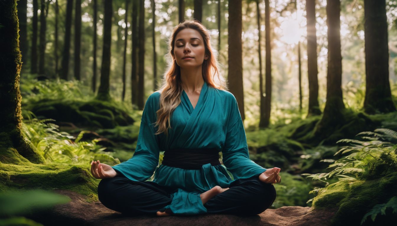a person meditating in a serene forest surrounded by nature's beauty.