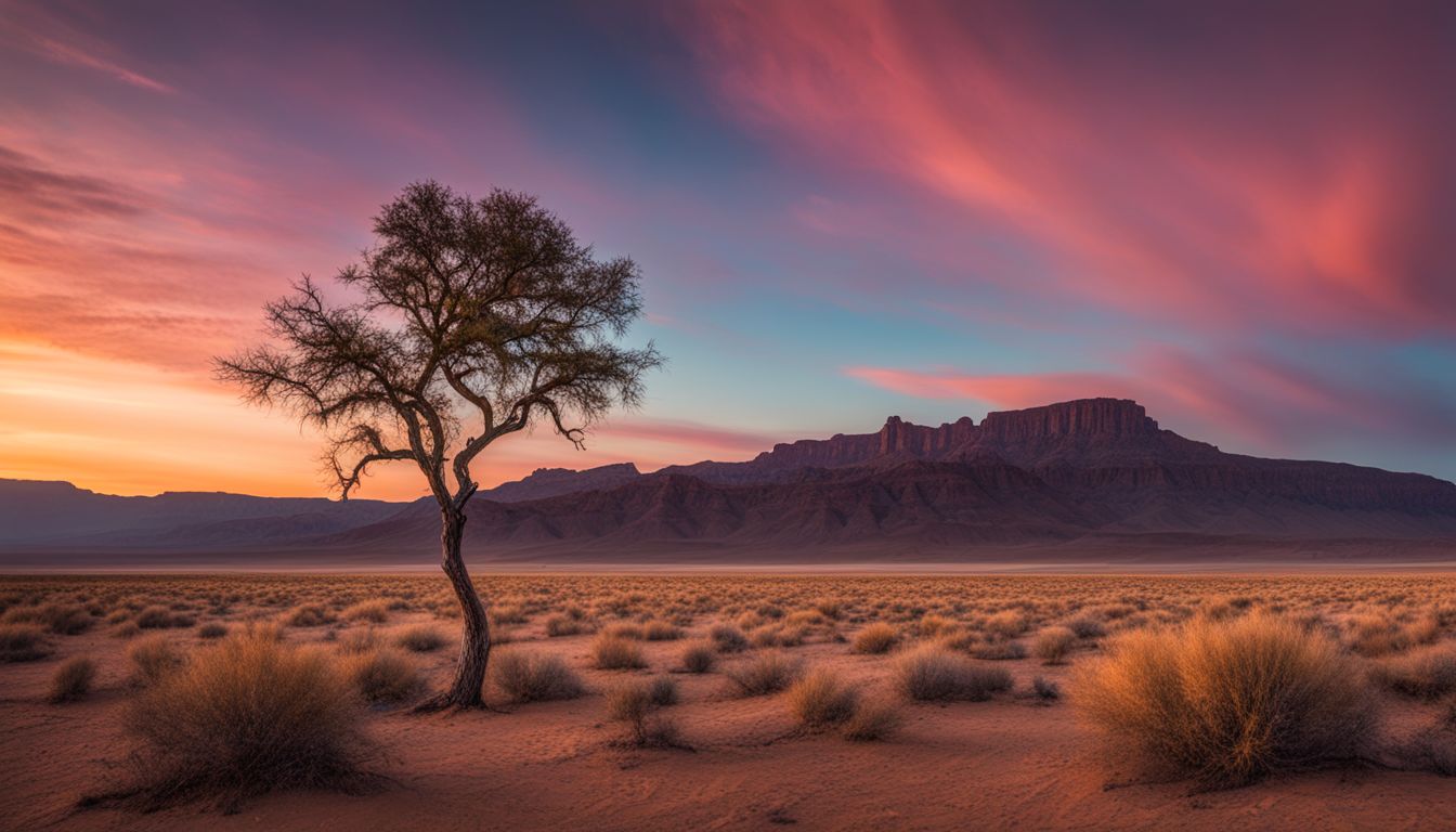 a vibrant, solitary tree stands tall in a vast desert landscape.