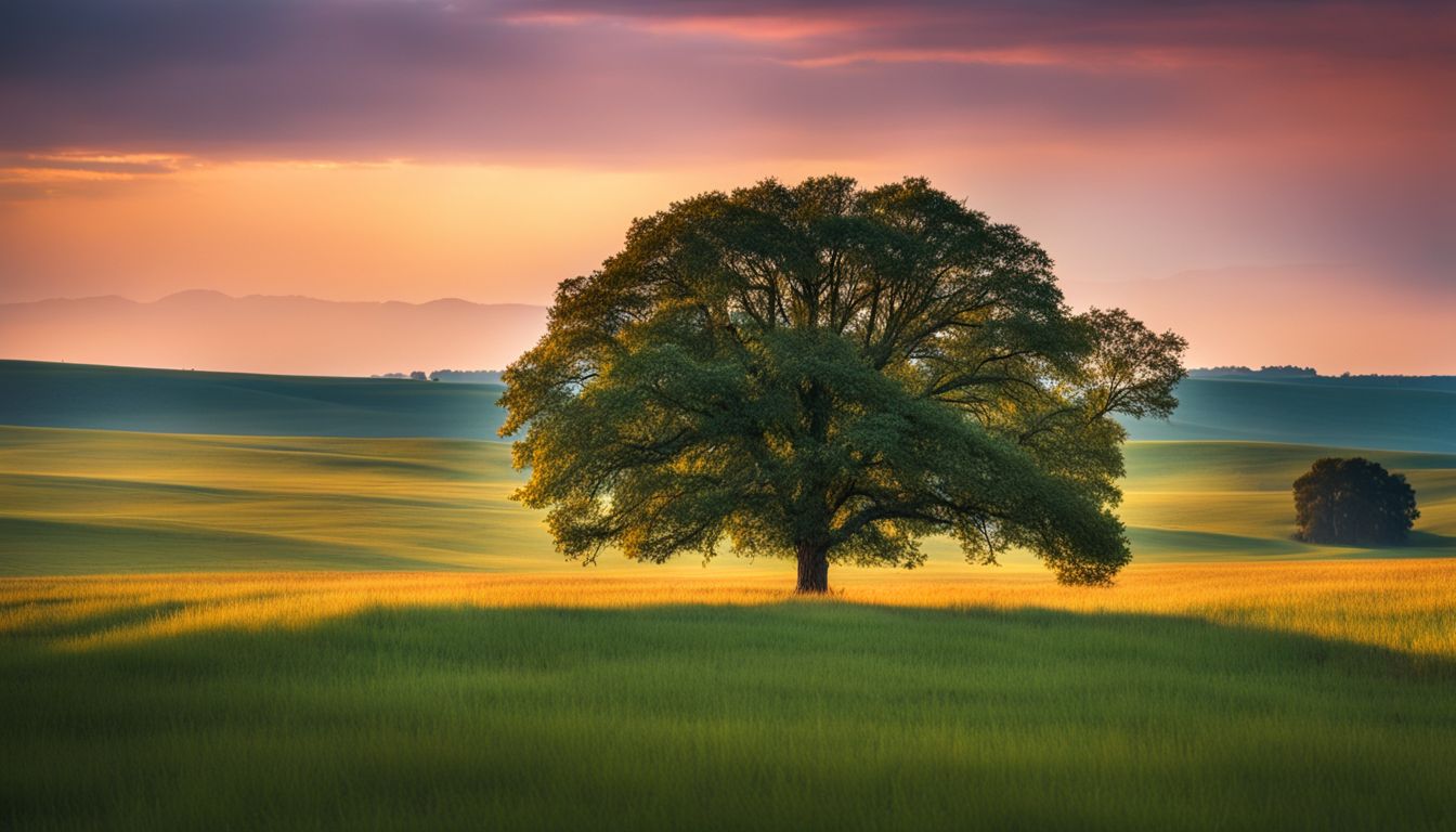 a solitary tree in a vast field with diverse people.