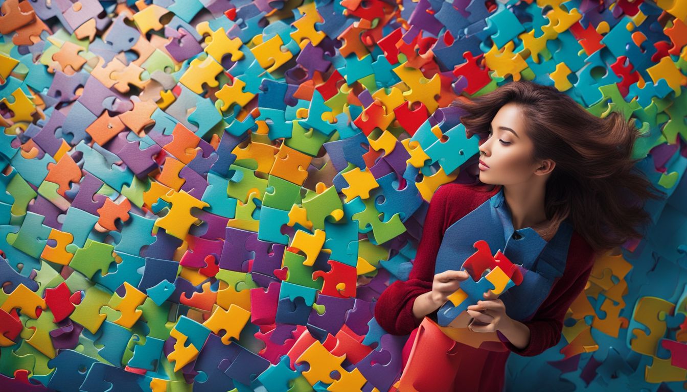 a completed colorful puzzle with one missing piece in a vibrant room.