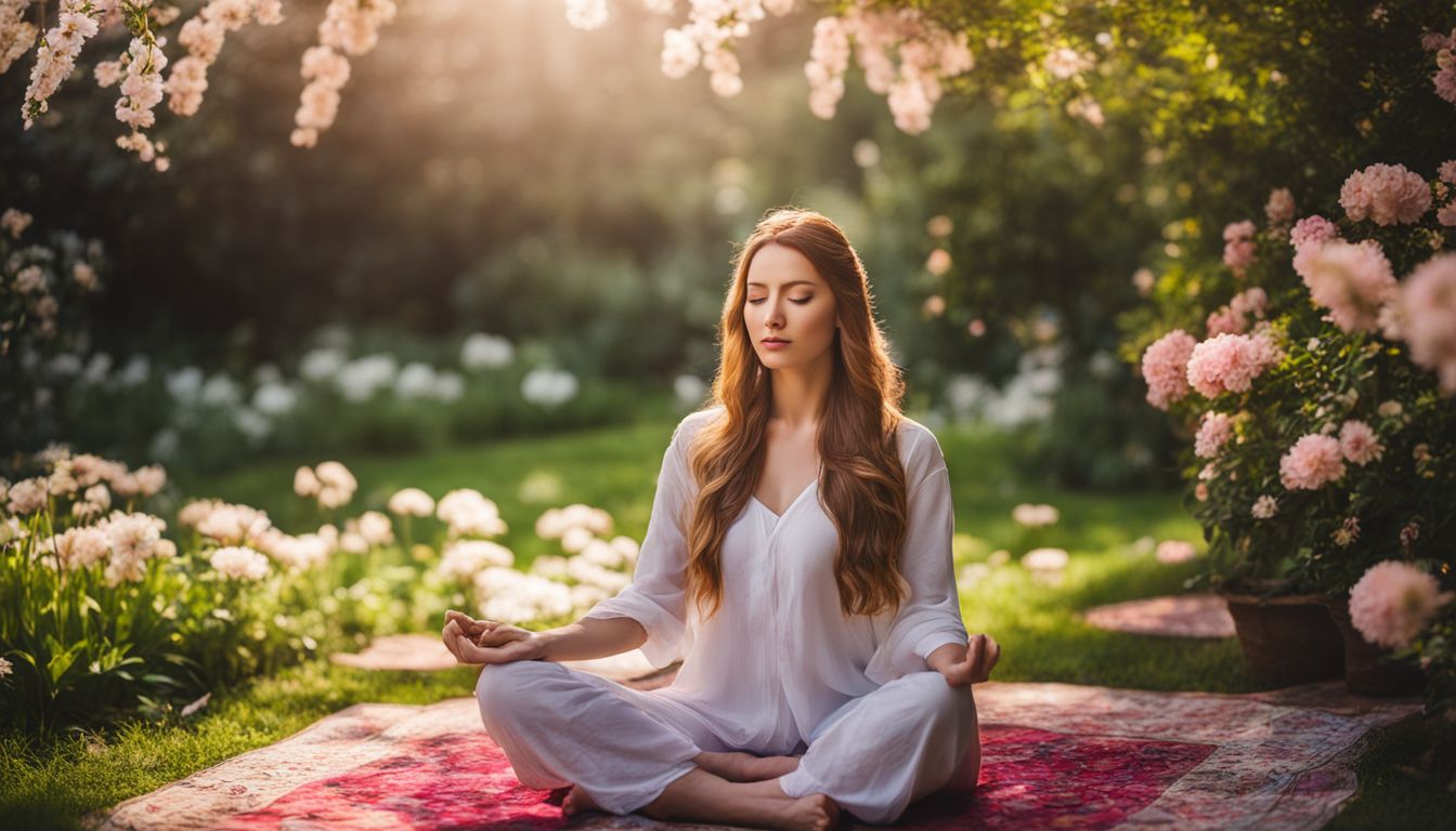 a woman meditating in a peaceful garden surrounded by blooming flowers.