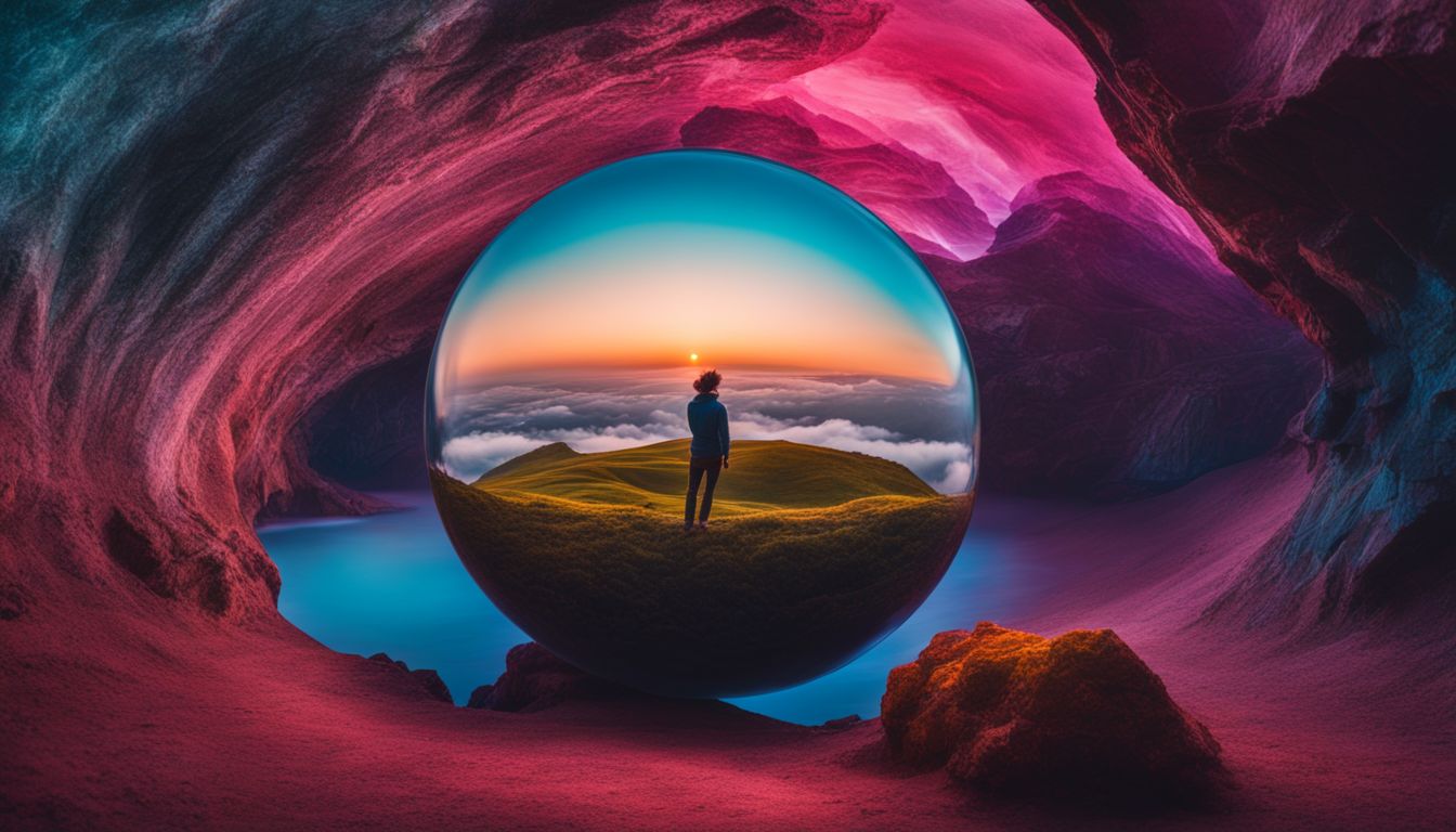 a surreal landscape with a floating glowing orb and diverse people.