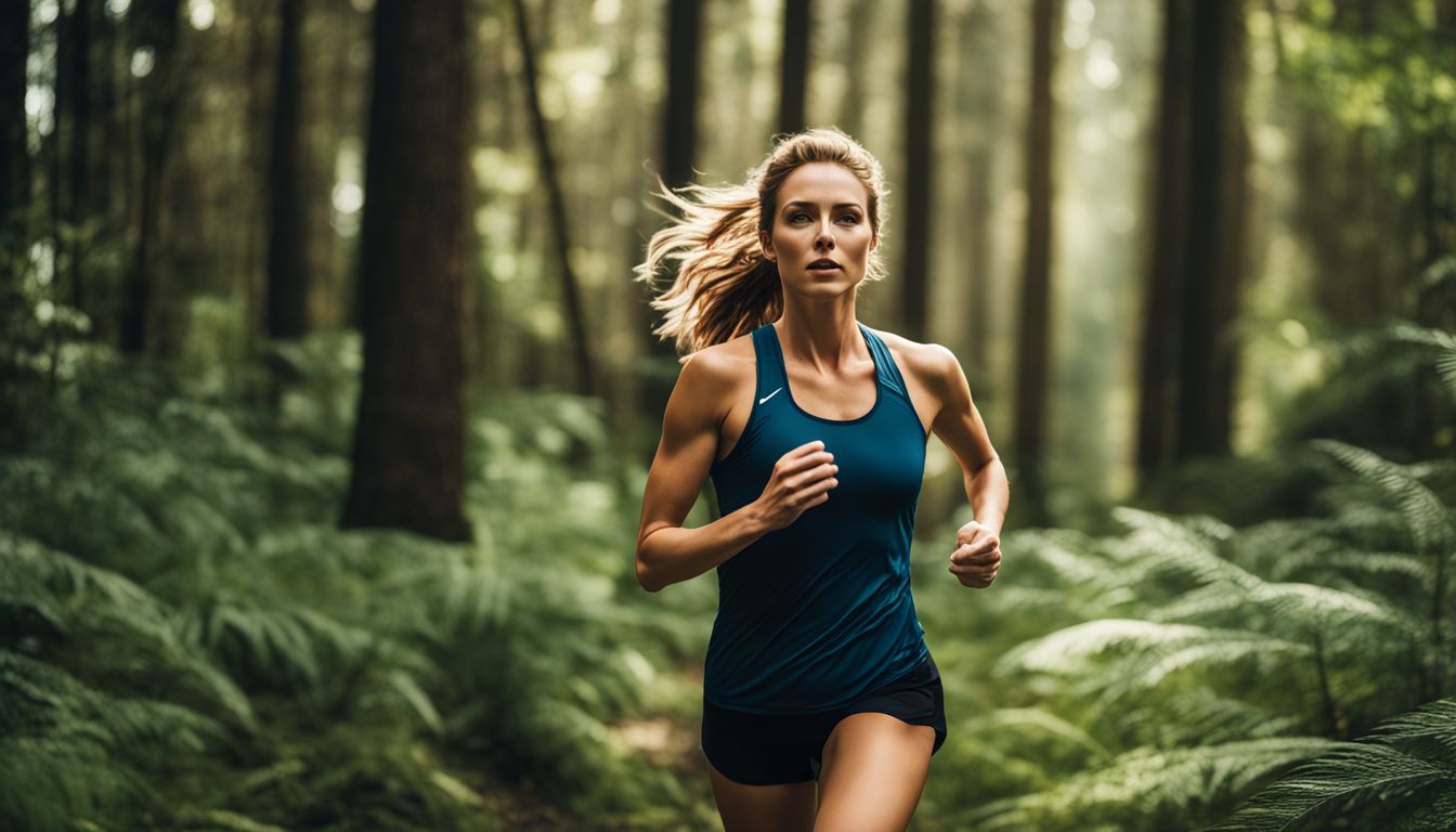 A Caucasian woman is seen running in a lush forest wearing activewear, showcasing different looks and hairstyles.