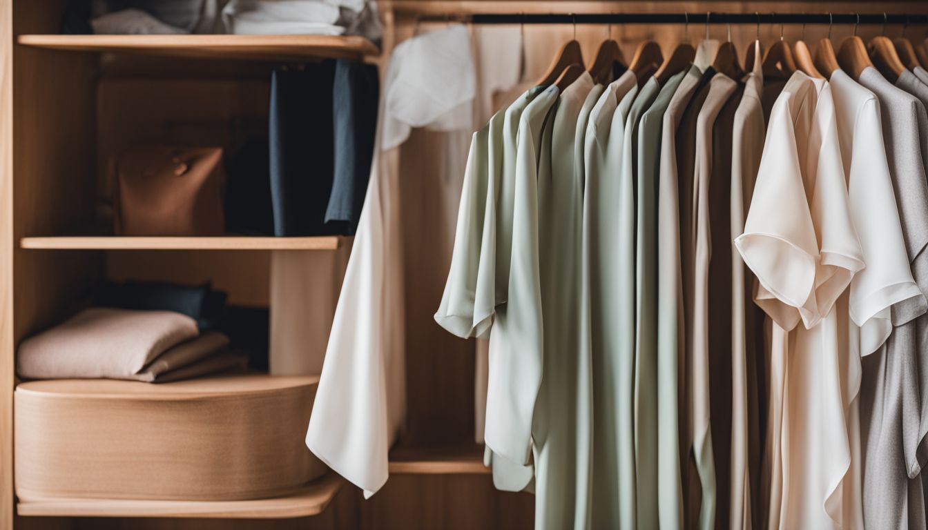 This is a photo of a folded cupro fabric blouse displayed in a well-lit closet with various faces, hair styles, and outfits.