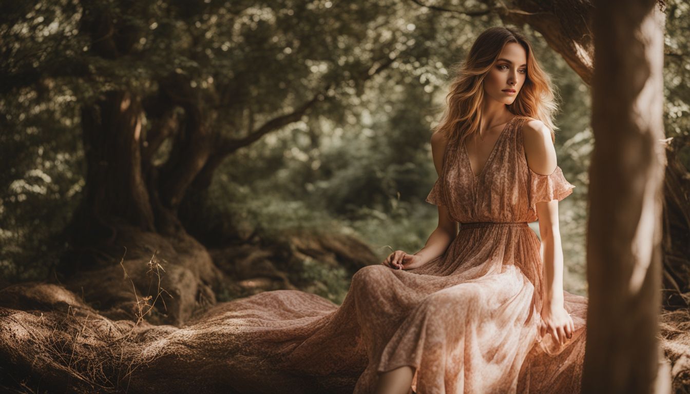 A Caucasian woman wearing a flowy dress poses in nature with different hairstyles and outfits in a well-lit setting.