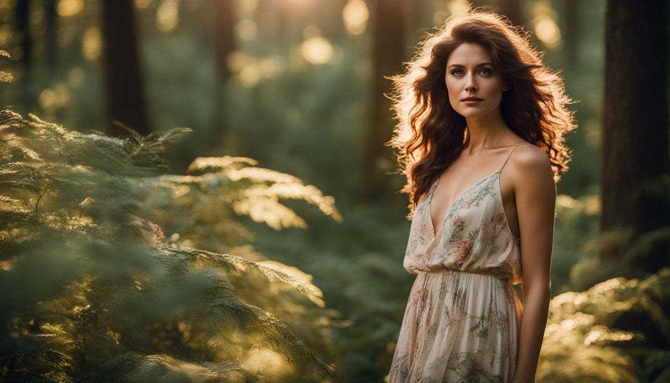 A Caucasian woman wearing a flowy dress stands in a sunlit forest clearing, surrounded by nature, with different looks and outfits.