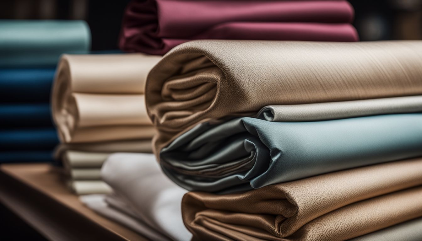 A stack of luxurious and silky cupro fabric rolls in a high-end fashion studio, showcasing diversity in people and styles.