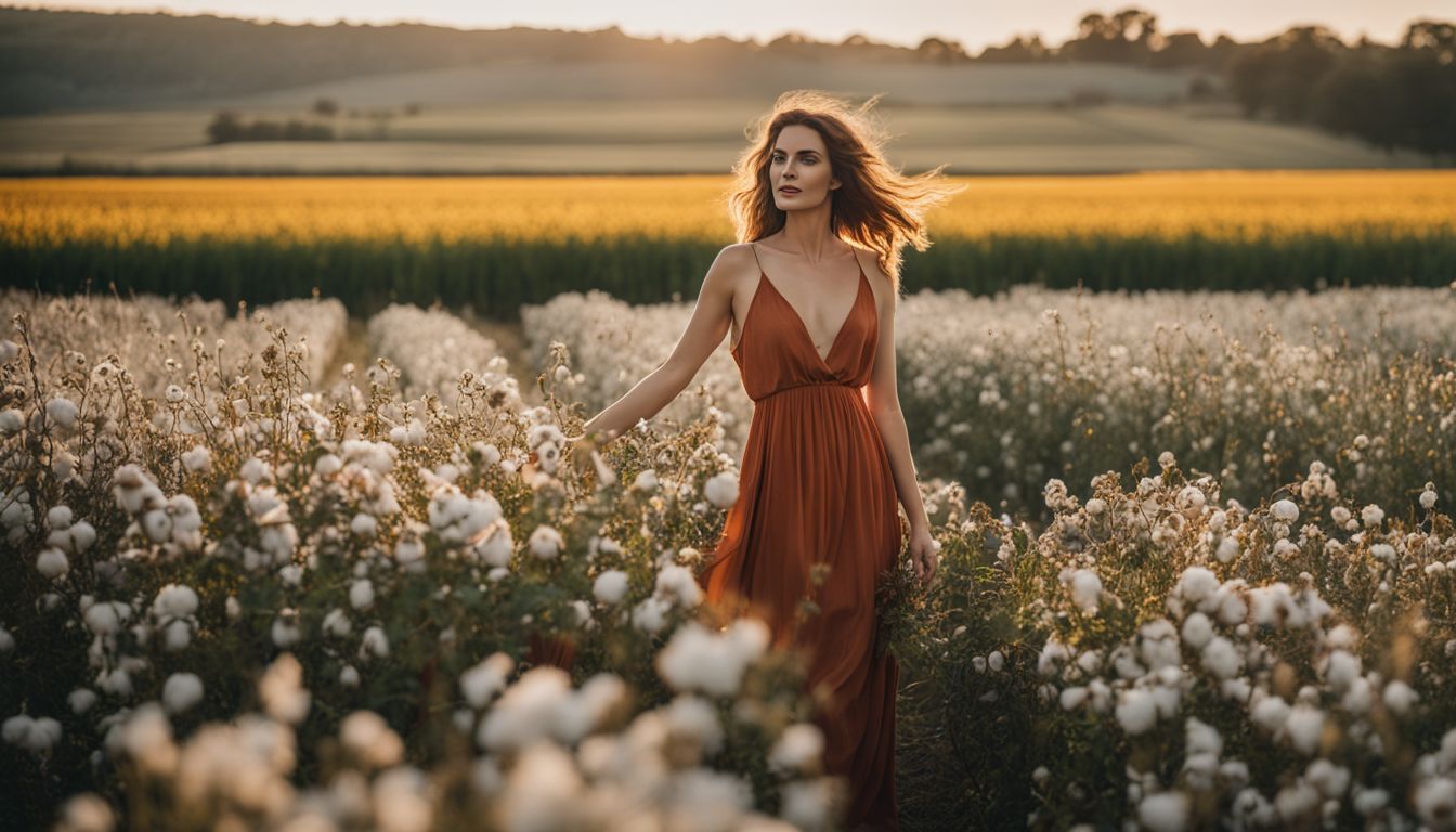 A Caucasian woman wearing a cupro dress in a cotton field surrounded by nature.