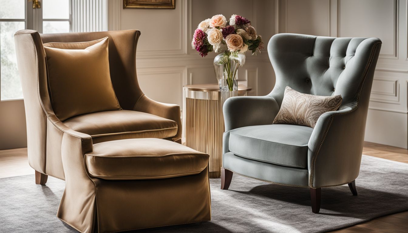 An elegant armchair draped in cupro fabric is featured in a stylish living room, captured in a well-lit and bustling atmosphere.