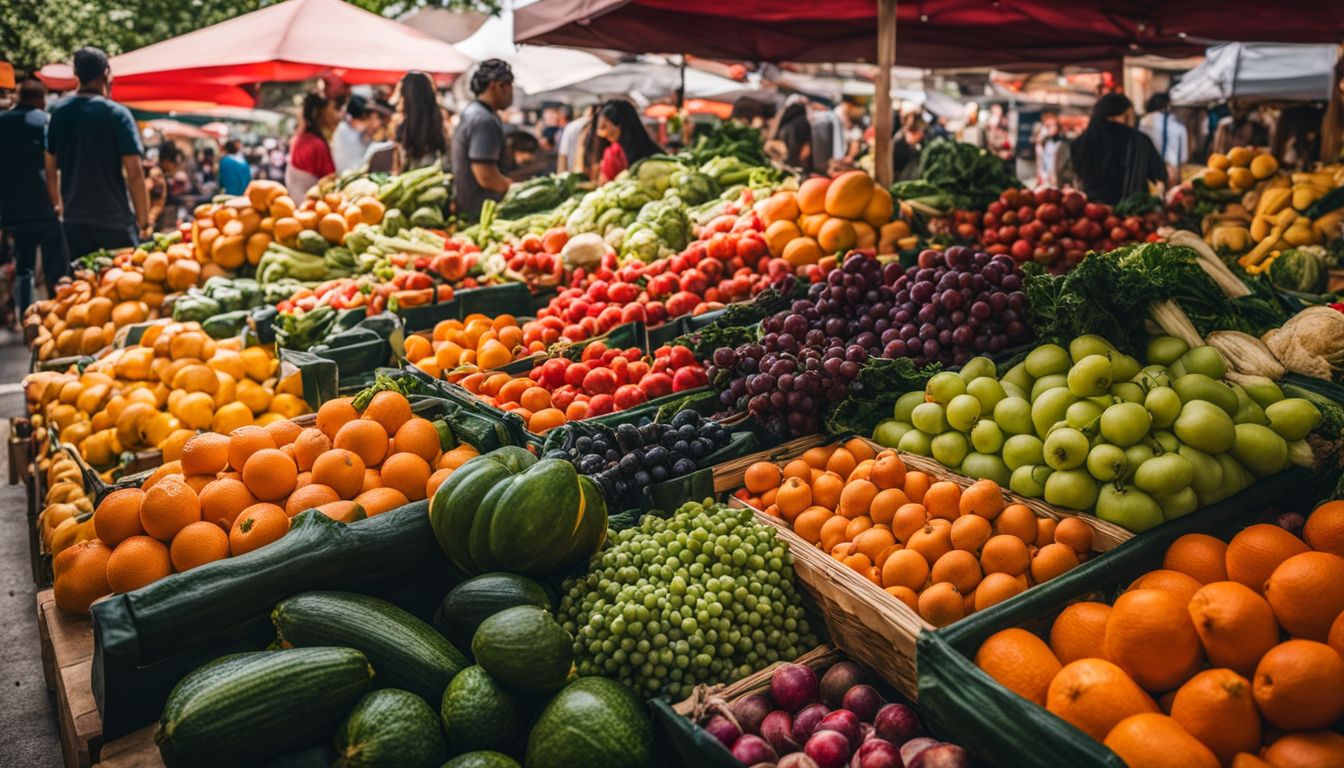 A vibrant outdoor market with a variety of fruits and vegetables, captured in a stunning photo.