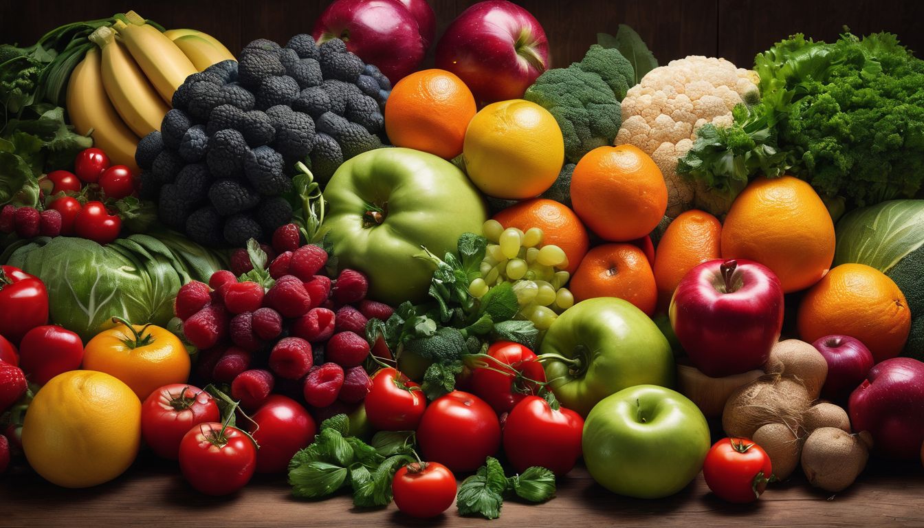 A vibrant display of fruits and vegetables, diverse people, and various photography sources create a lively and realistic image.
