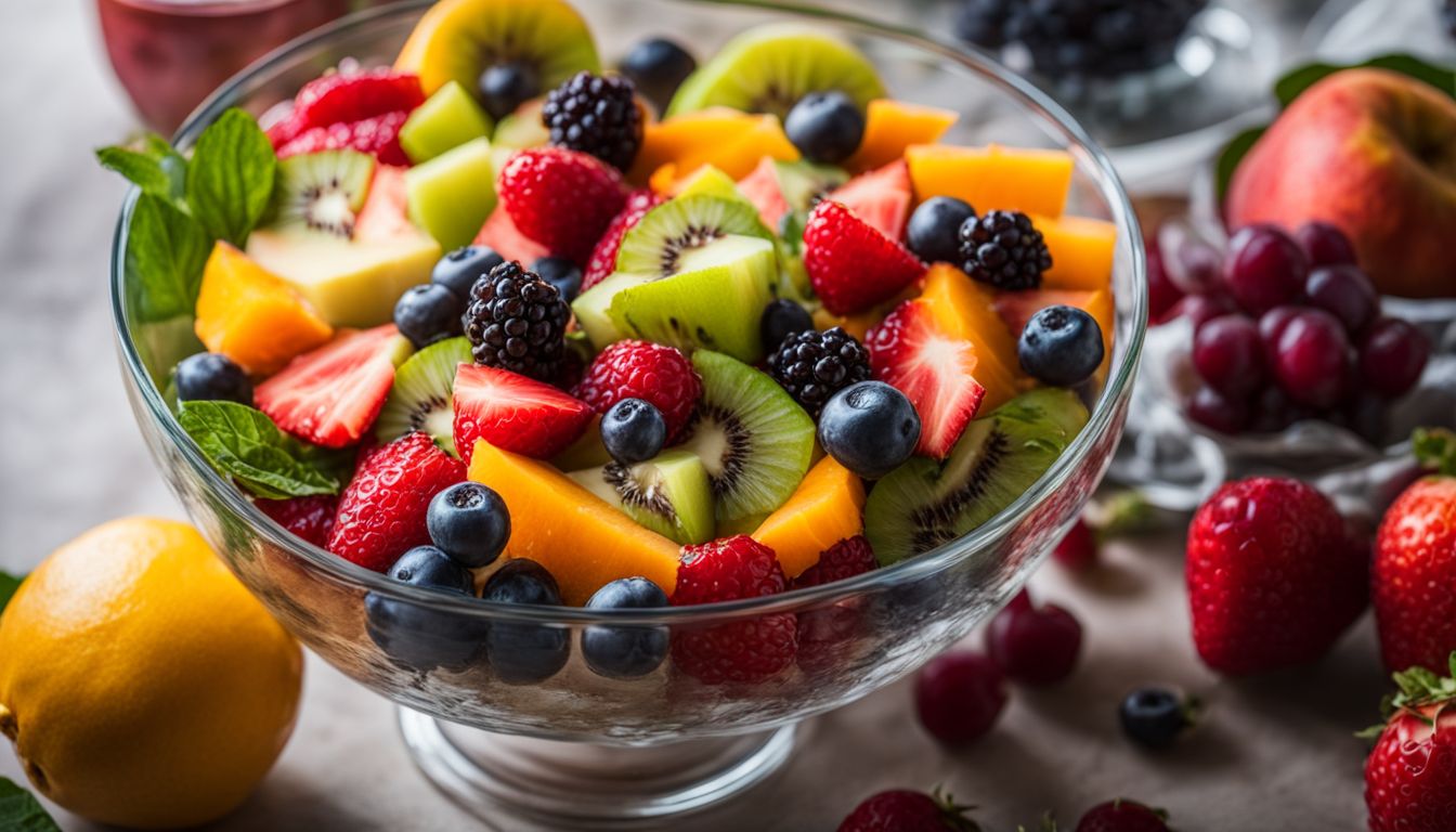 A vibrant fruit salad surrounded by fresh fruits, plants, and diverse people in various outfits and hairstyles.