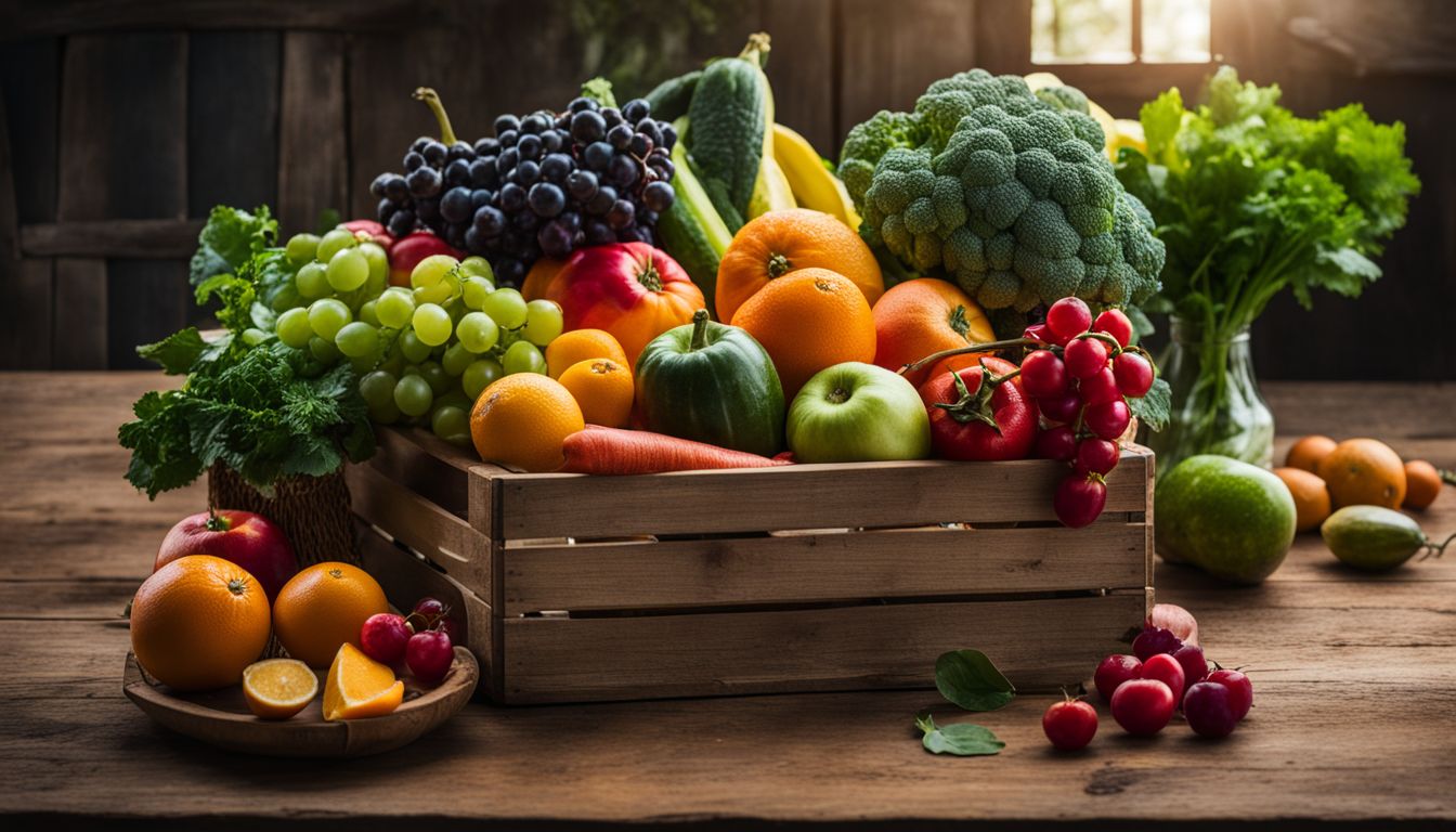 A photo of a diverse array of fresh fruits and vegetables, displayed in a wooden crate, with people of different appearances and styles.