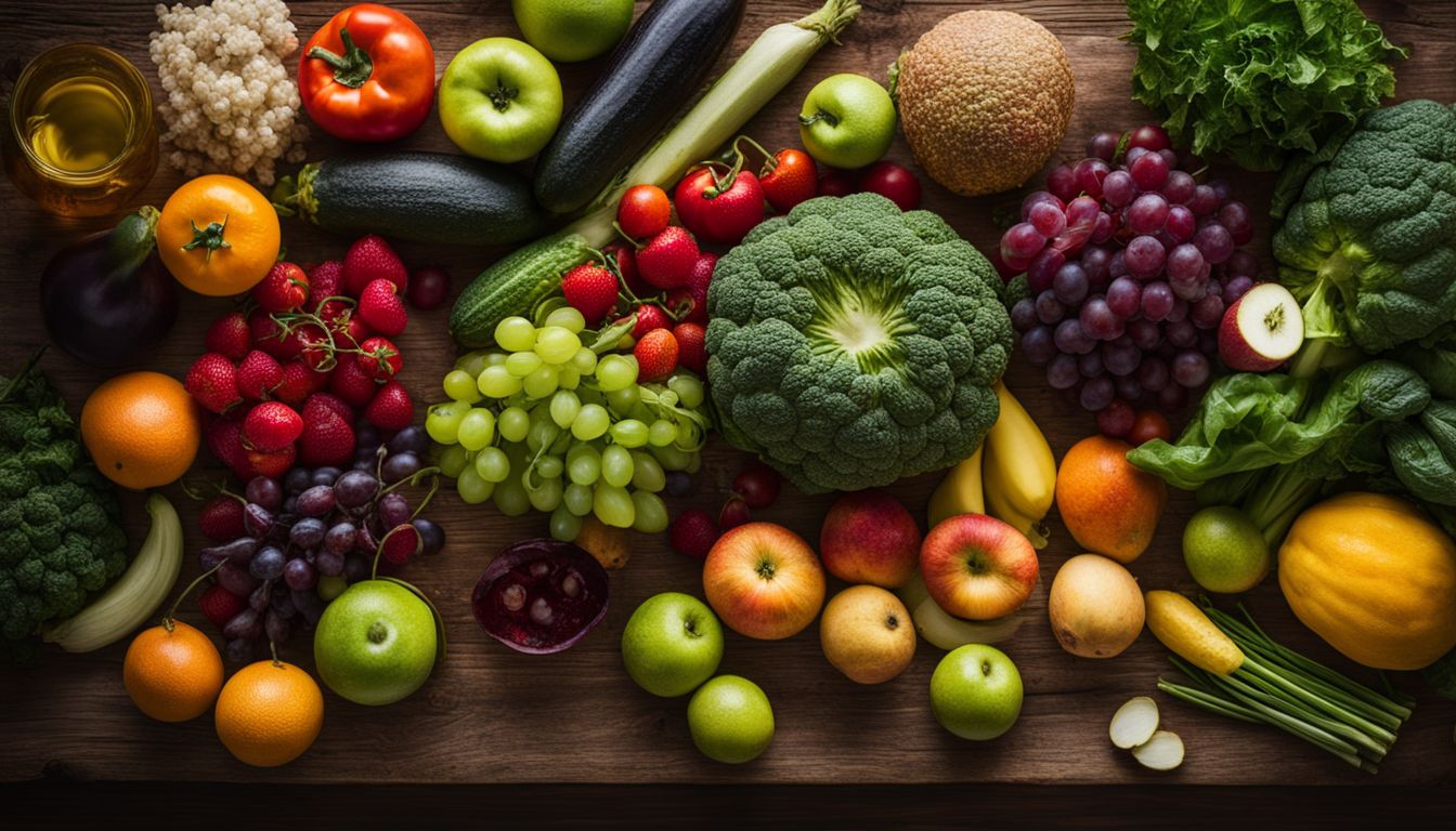 A vibrant array of fruits and vegetables showcased on a wooden table, captured in high-quality photography.