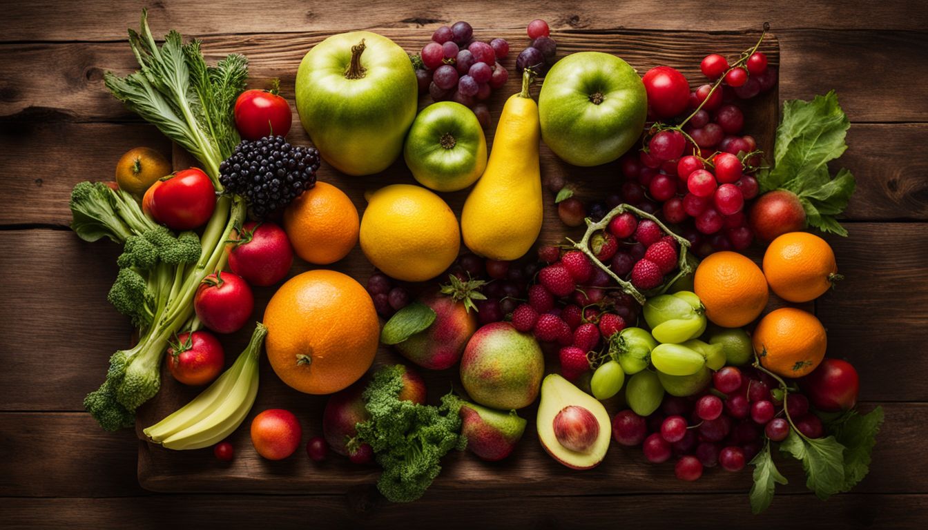A vibrant display of colorful fruits and vegetables on a rustic wooden table in a bustling atmosphere.