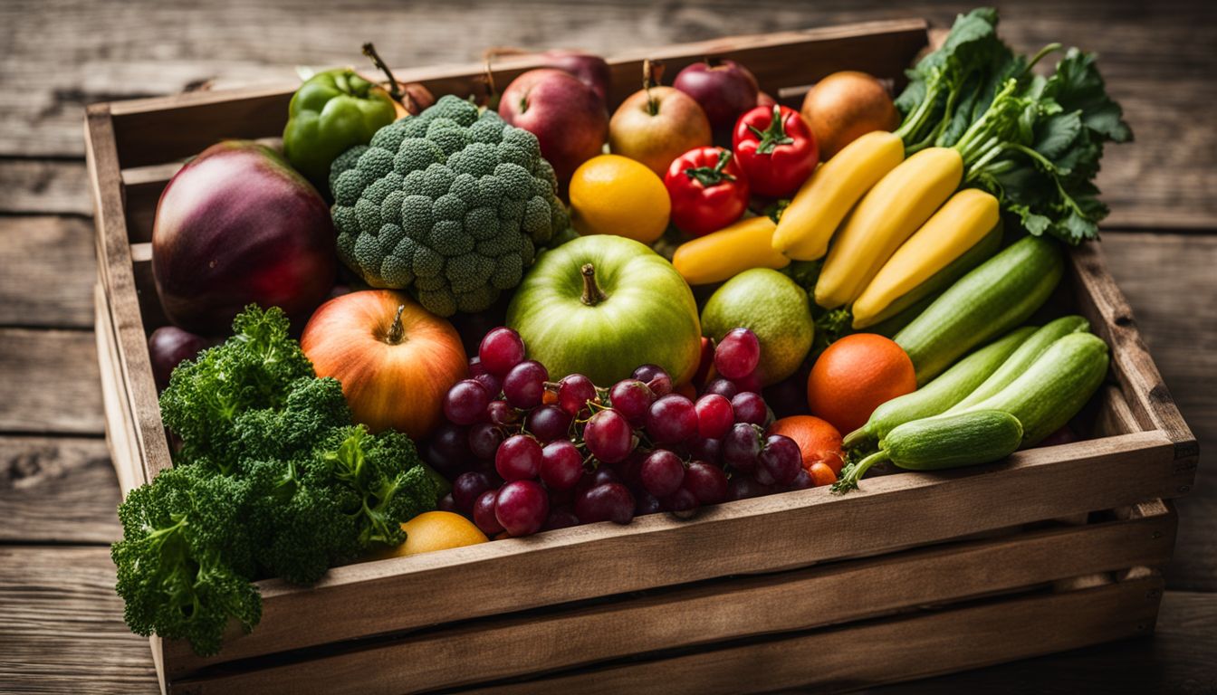 A photo of fresh fruits and vegetables displayed in a rustic wooden crate with diverse people and backgrounds.