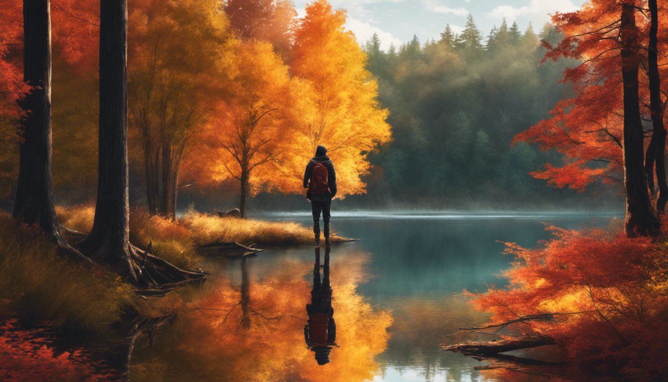 A person enjoys low-carb beer by a serene lake surrounded by colorful autumn trees, capturing nature's beauty.