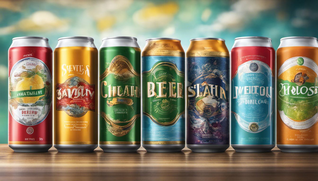 An array of low-carbohydrate beer cans with vibrant labels, presented in a lively and appealing composition.
