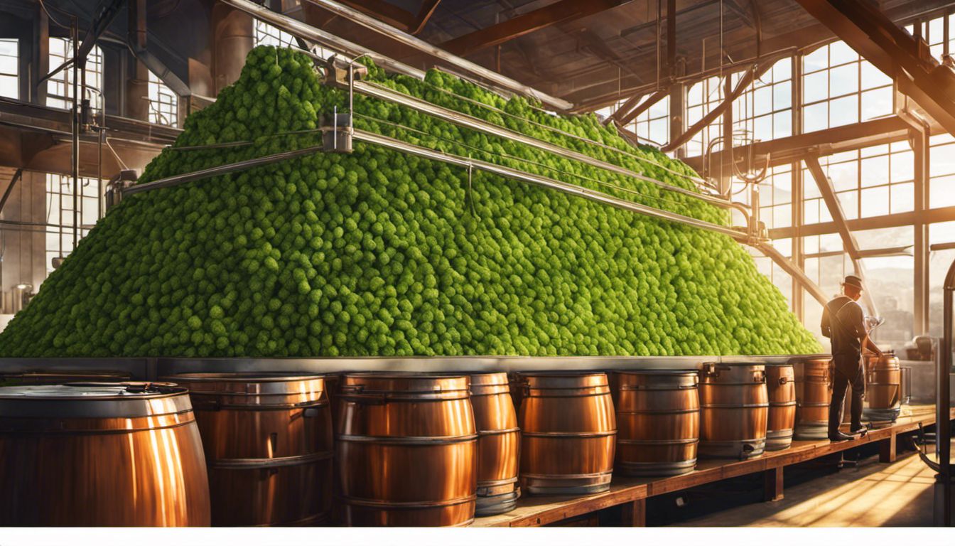 A brewer inspecting hops in a busy brewery with shining copper brewing equipment in the background.