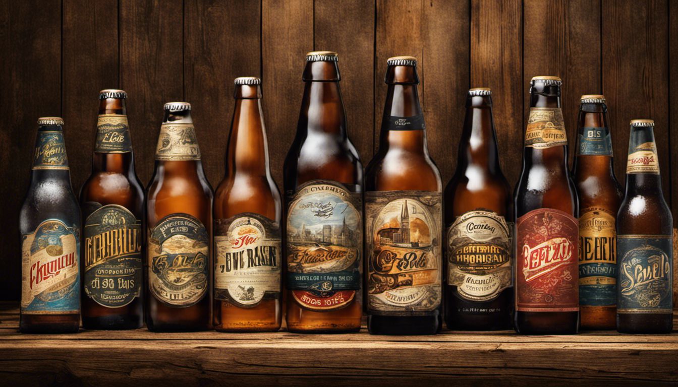 A rustic table displays a variety of craft beer bottles with low carb labels, showcasing their unique designs.