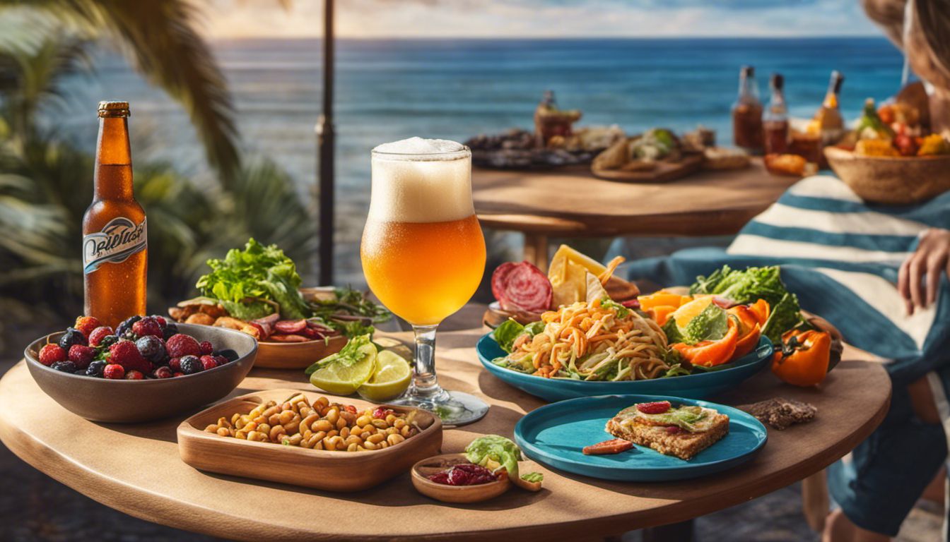 A person enjoys a low-carb beer and nutritious snacks on a stylish outdoor patio, promoting indulgence and wellness.
