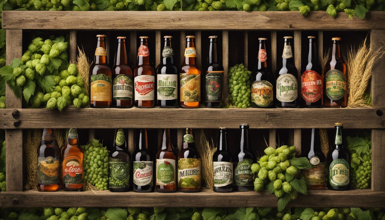 A rustic crate filled with beer bottles, surrounded by hops and barley fields, capturing the essence of beer brewing.