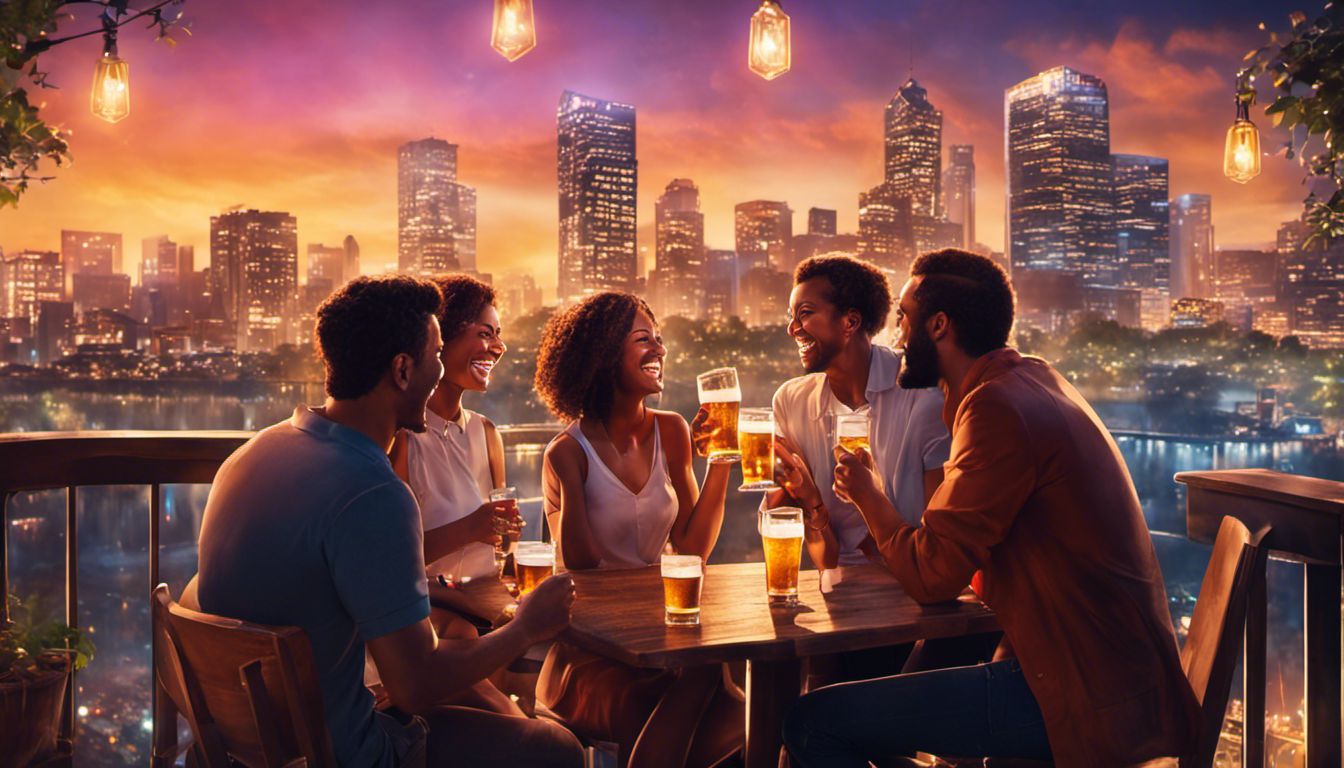A group of friends enjoying each other's company at a lively outdoor beer garden in the city.