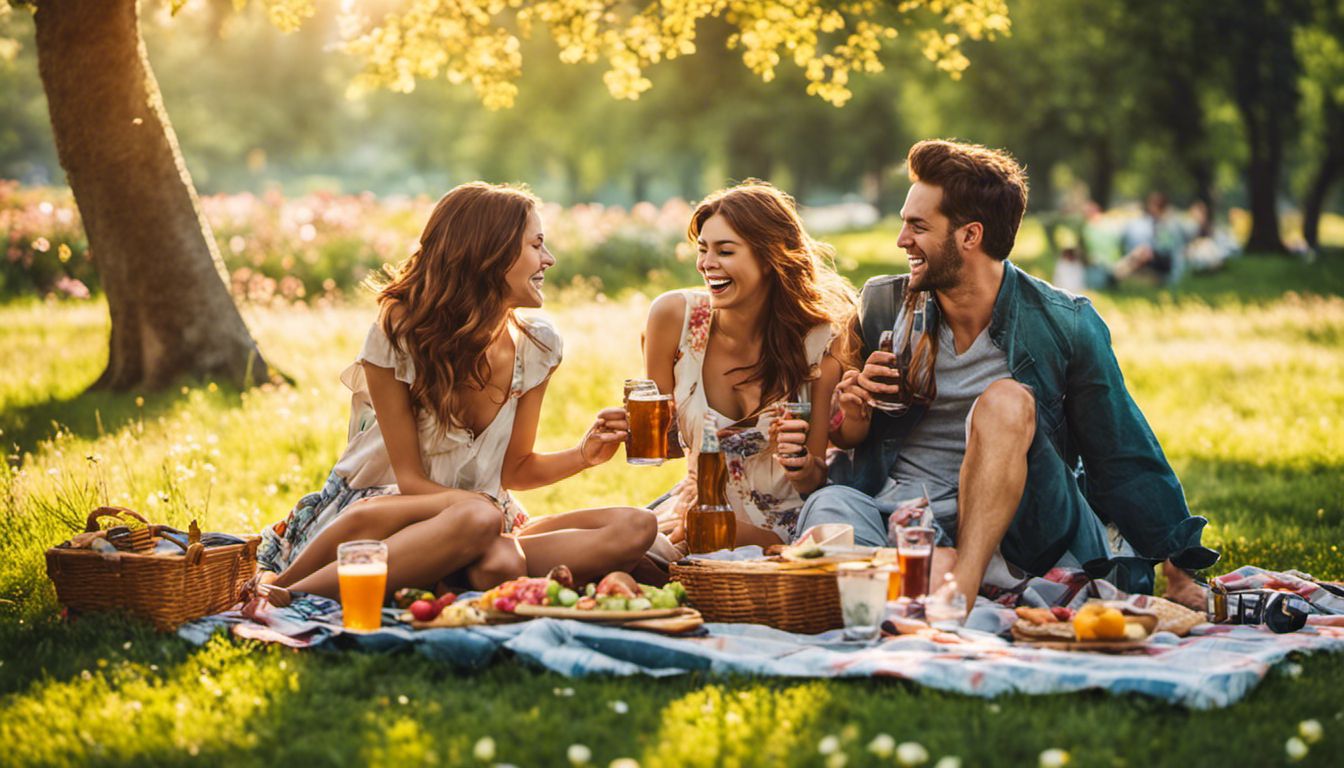 A diverse group of friends having a picnic in a sunny park, surrounded by nature, enjoying food and drinks.