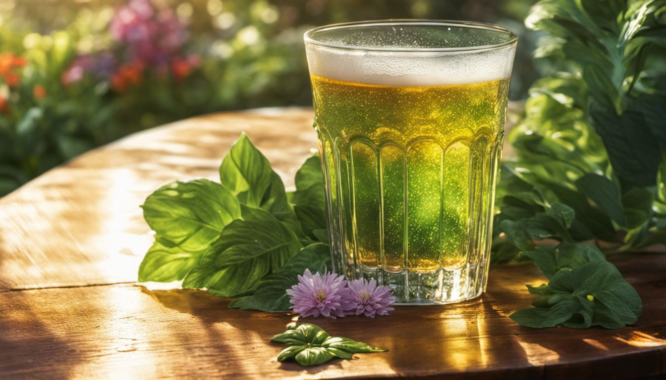 A cold Pilsner on a sunny patio surrounded by plants, with condensation on the glass, creating a refreshing scene.