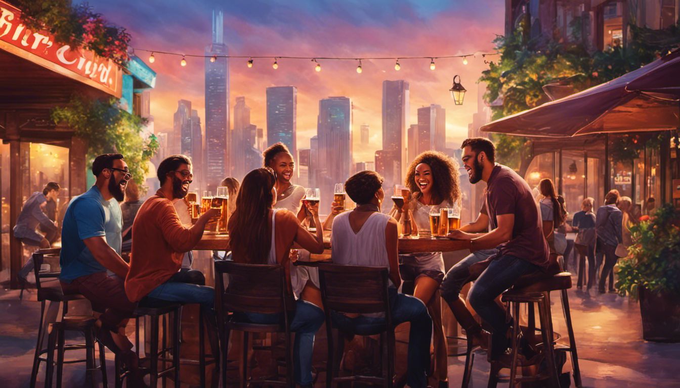 Friends enjoying low carb beers at an energetic outdoor bar in the city, capturing the lively atmosphere.